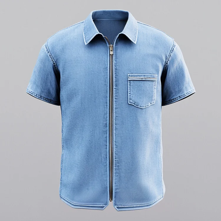 Men's Turndown Collar Short Sleeve Chest Pocket Denim Zip Up Shirt