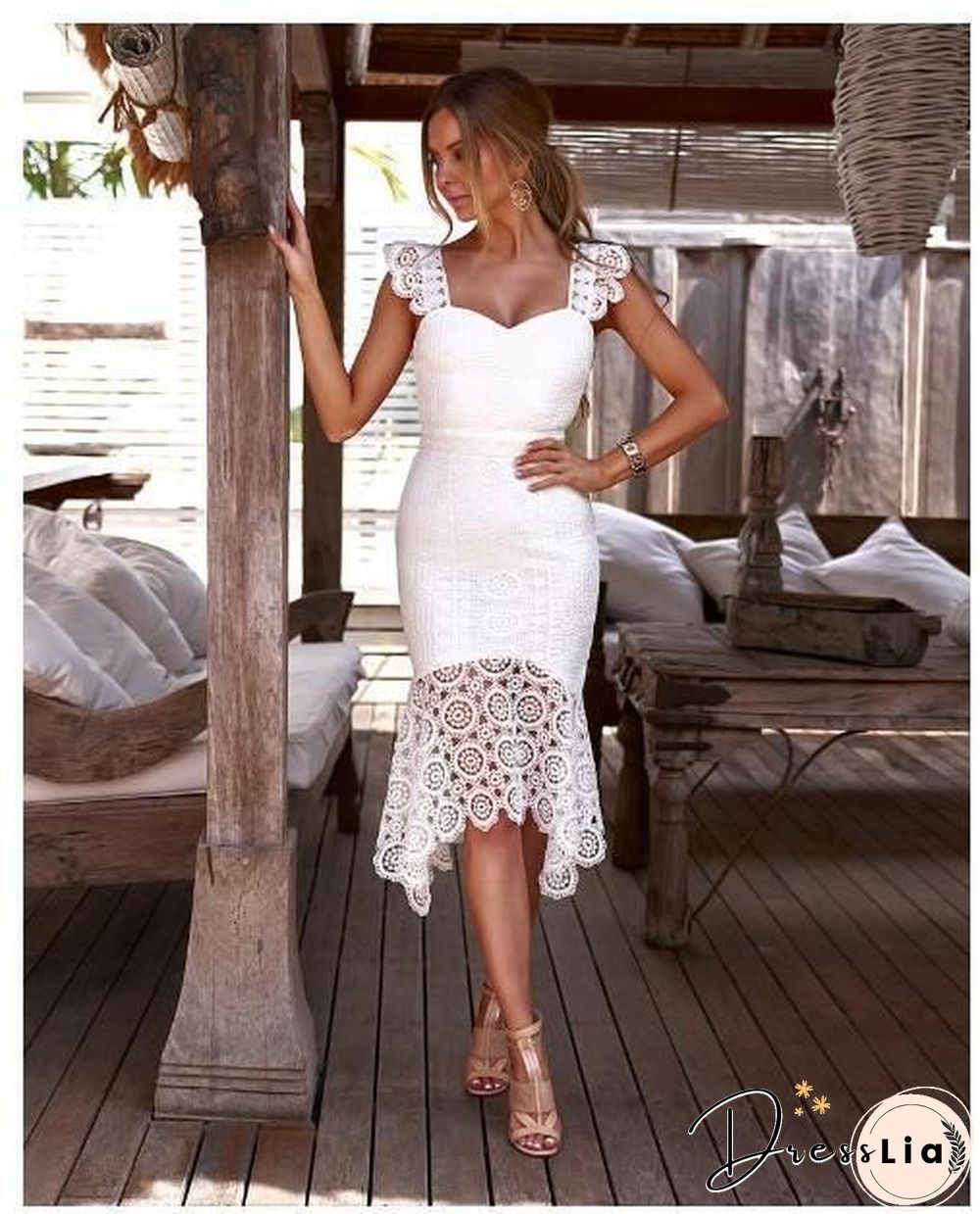 Square Neck Lace Hollow Evening Dress