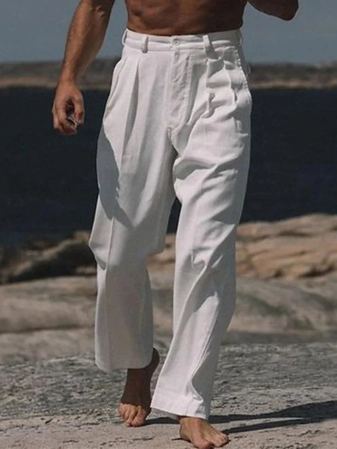 Men's Casual Solid Color Cotton And Linen Trousers With Pockets 