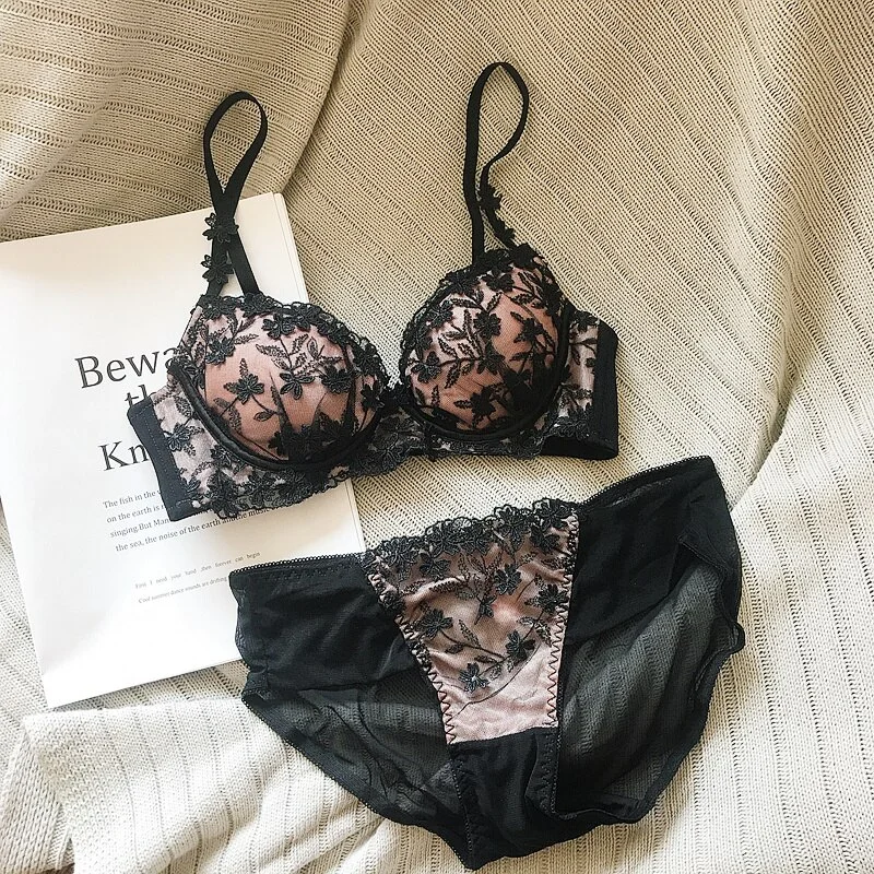 Billionm Quality Lace Embroidery Flowers Underwear Sexy Push Up Bra Set Women Flowers Decoration Lingerie Thicken B Cup Brassiere