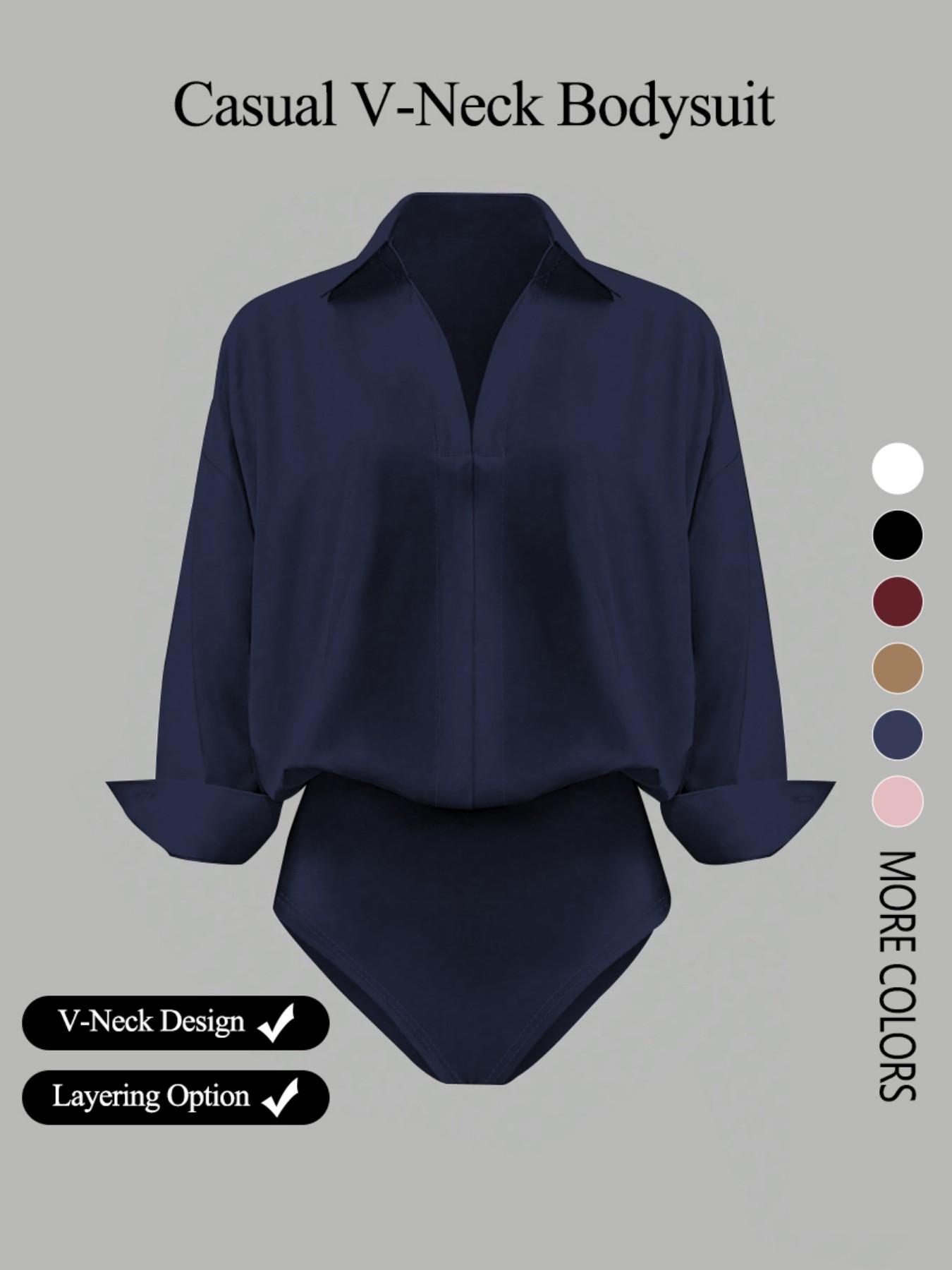 Women's casual loose V-neck long-sleeved shirt jumpsuit, elegant woven fabric, slim fit, suitable for all seasons, and can be layered flexibly, Womenswear Women's casual loose V-neck long-sleeved shirt jumpsuit, elegant woven fabric, slim fit, suitable for all seasons, and can be layered flexibly, Womenswear