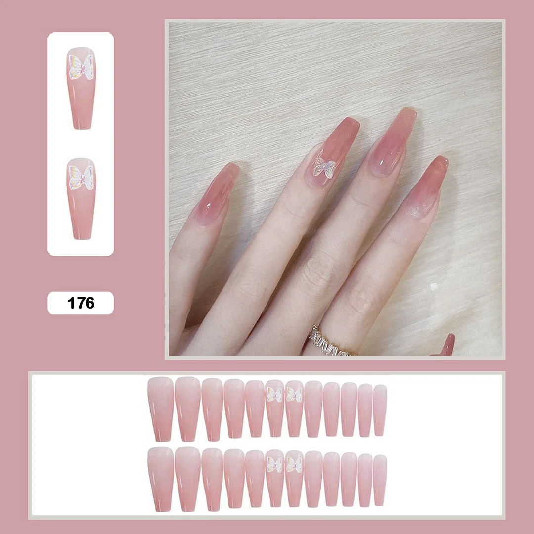 24pcs Stereoscopic Butterfly Light Luxury Elegant Nude Lady Style Removable Nail False Nail Manicure Tool-Nail Inspo