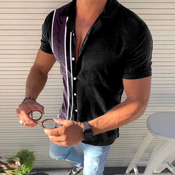 Black And Purple Contrast Short Sleeve Shirt