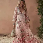 Boho Pink Floral Lace Patchwork Flowy Linen Maxi Dress - Image 2