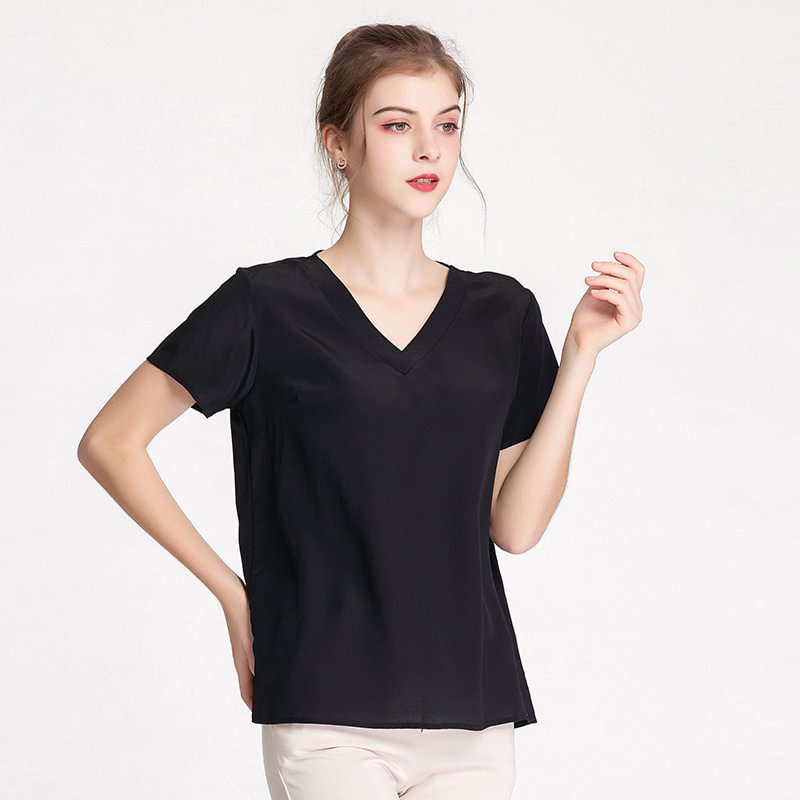 Black Silk T-shirt Women's V-neck Top