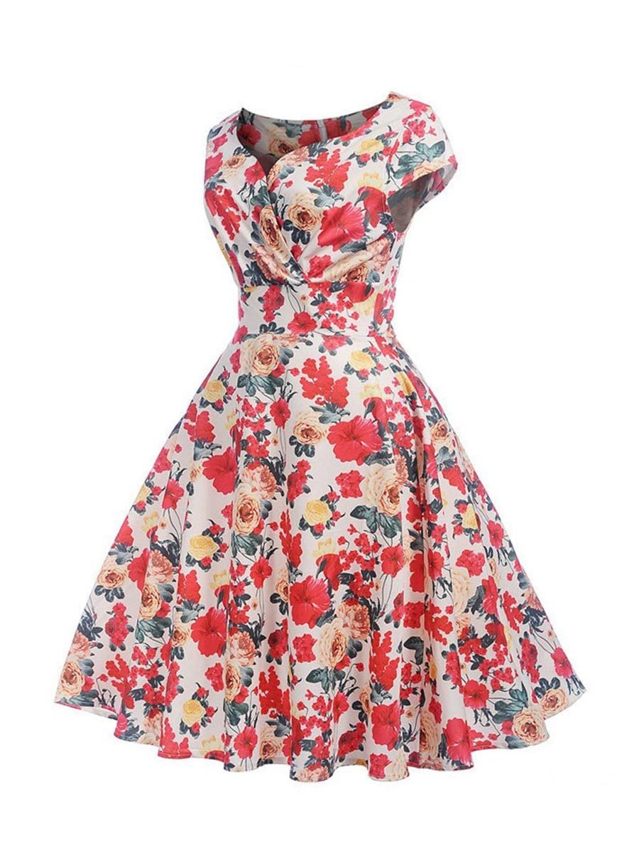 50s Elegant Party Dress Vintage Short Sleeve Floral V-Neck Swing Dress