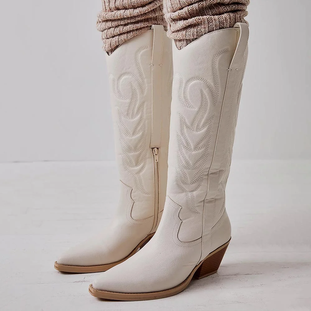 Pointed Toe Half Zip Stacked Heel Mid-Calf Cowgirl Boots in White Nicepairs