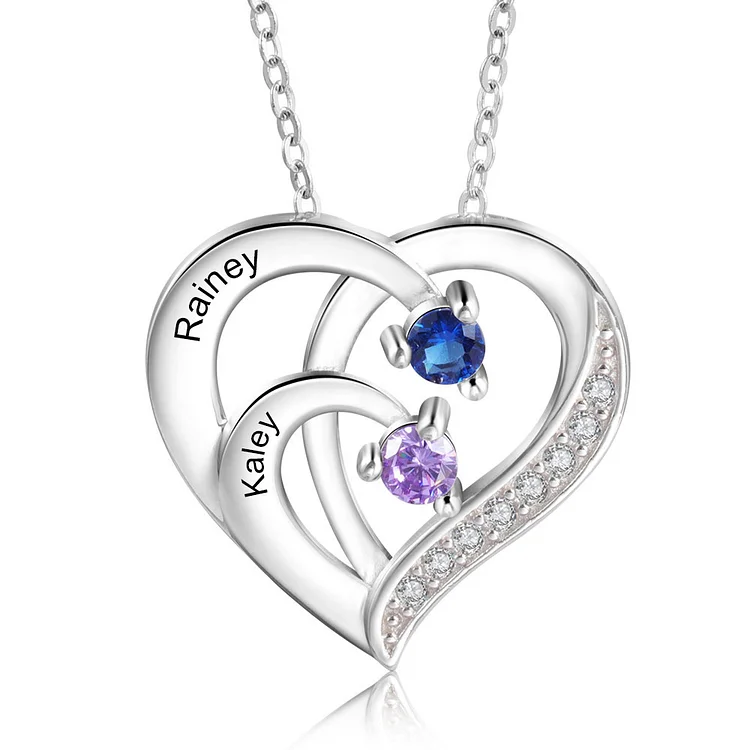 Personalised Mother Necklace 2 Stones Engraved 2 Names Birthstone Intertwined Heart Pendant Gifts for Her