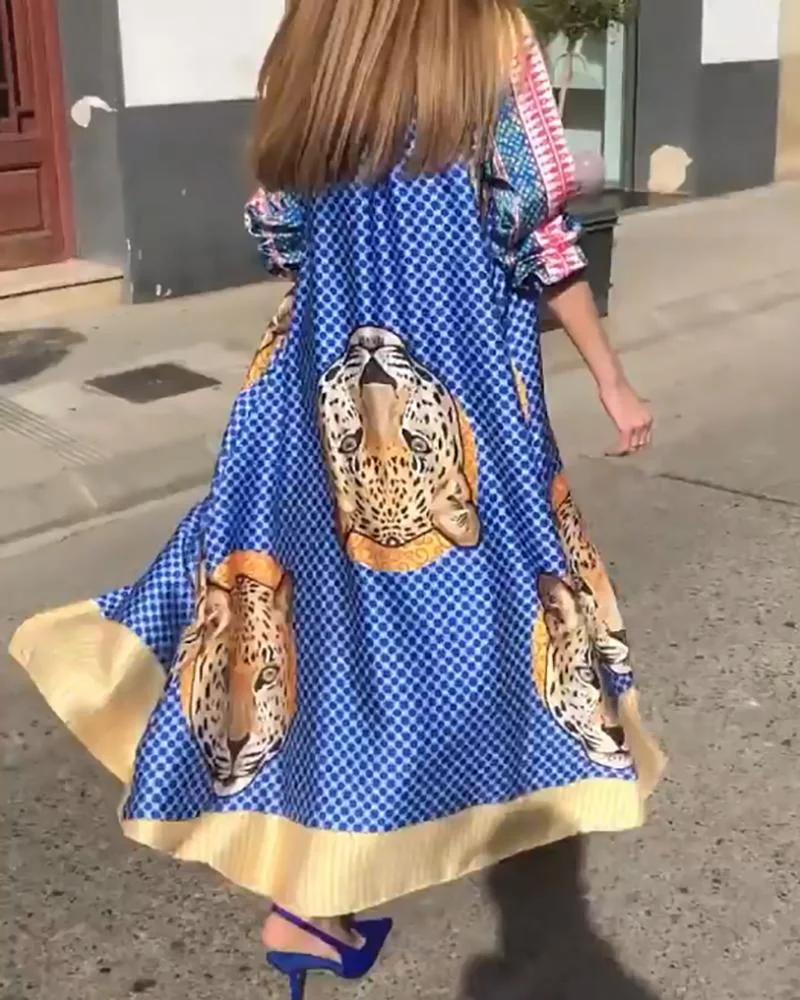 Stylish Long Sleeve Printed Shirt Dress