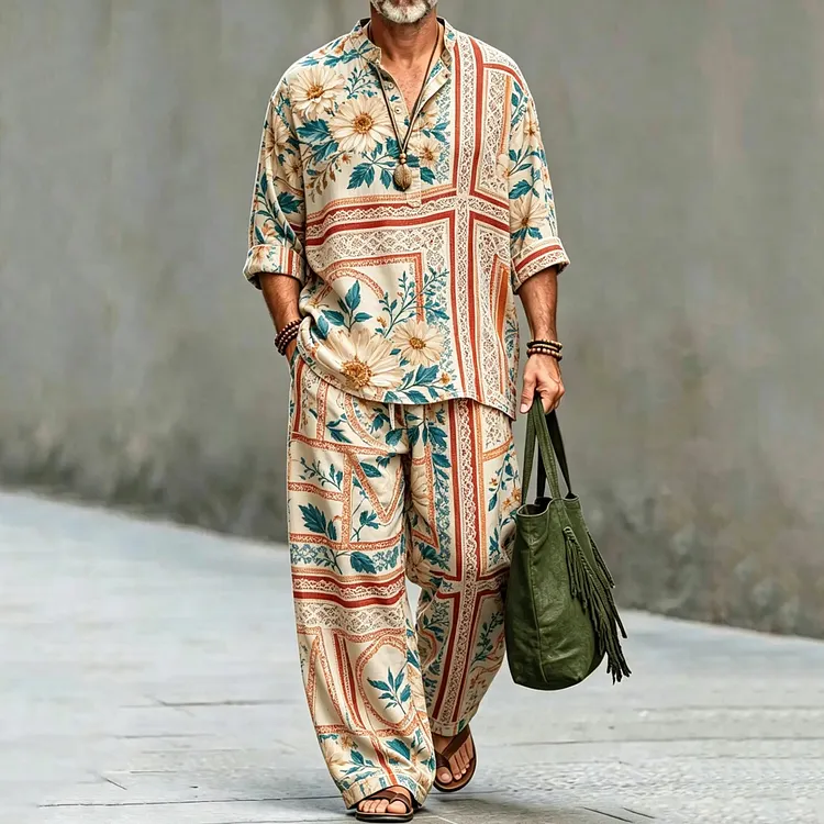 Men's Vintage Floral Art Print Shirt And Pants Two Piece Set