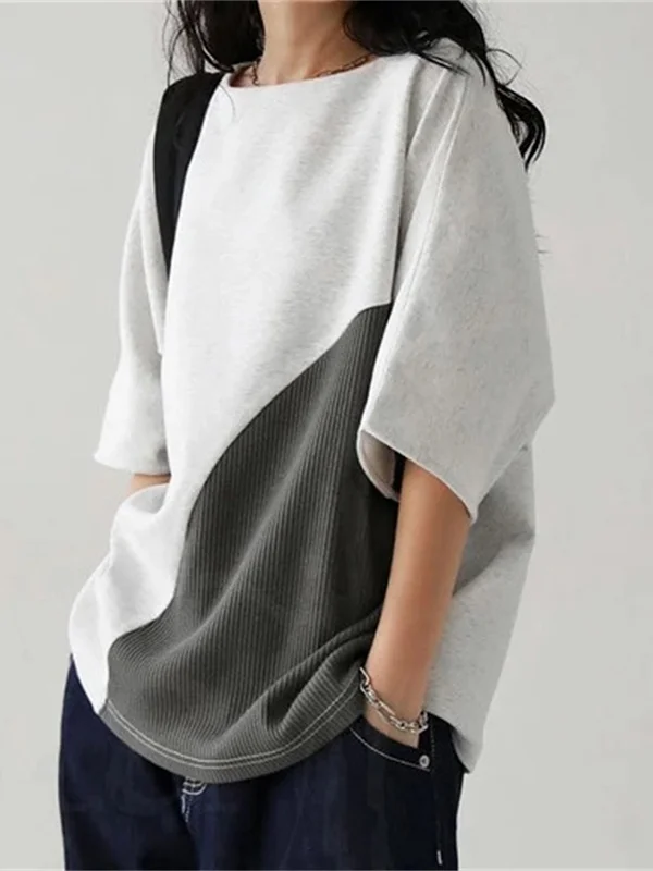 Batwing Sleeves Half Sleeves Contrast Color Round-Neck T-Shirts Tops