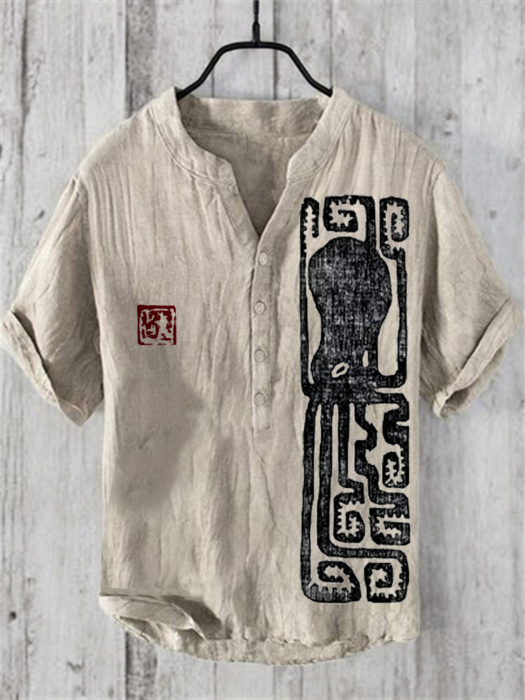 Comstylish Vintage Japanese Octopus Art Linen Blend Shirt