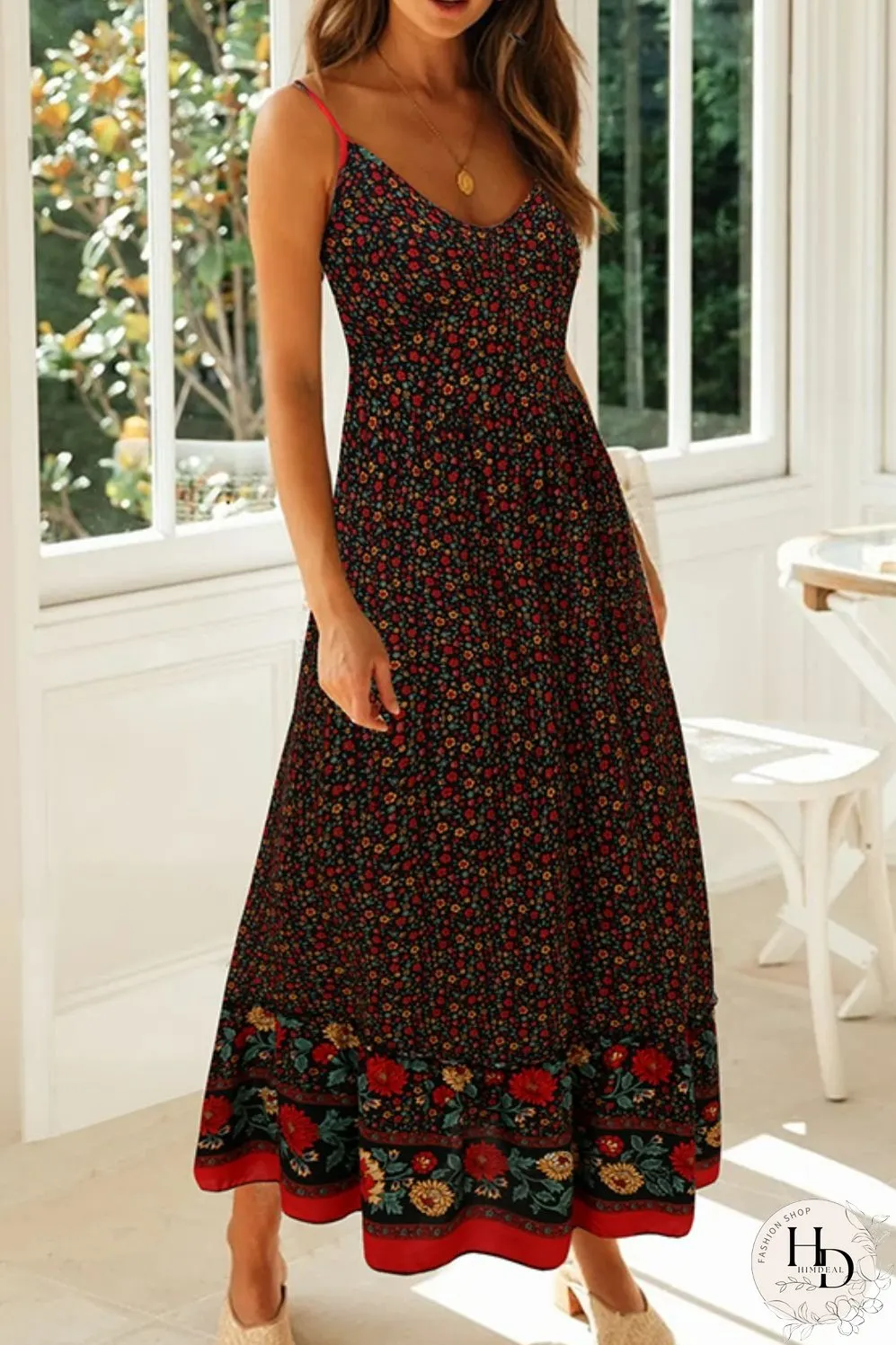 Bohemian Spaghetti Strap Frill Trim Maxi Dress