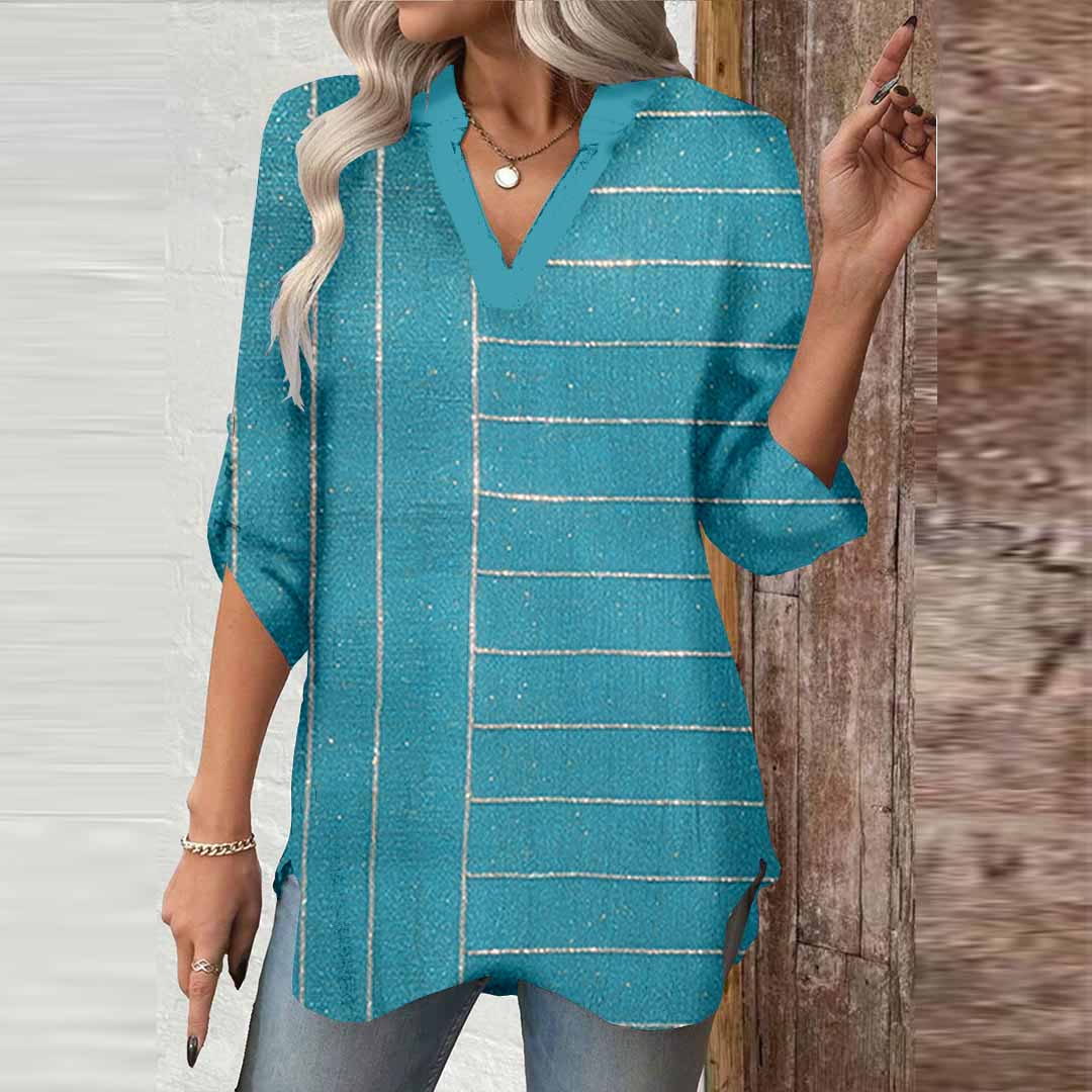 Women Glitter,Striped,Blue DZGA0001 3/4 Sleeve V-neck Printed Graphic Button Tops