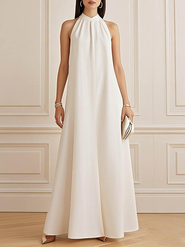 Solid Color Pleated Sleeveless Loose Mock Neck Maxi Dresses WHITE-XL