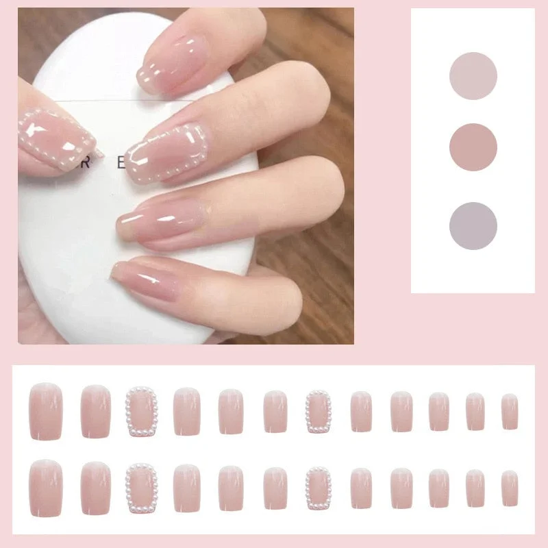 24Pcs/box Full Cover Short round press on nails Pink Dripping Shape Heart Bride nail tips Wearable Fake Nail with Glue for girls-Nail Inspo