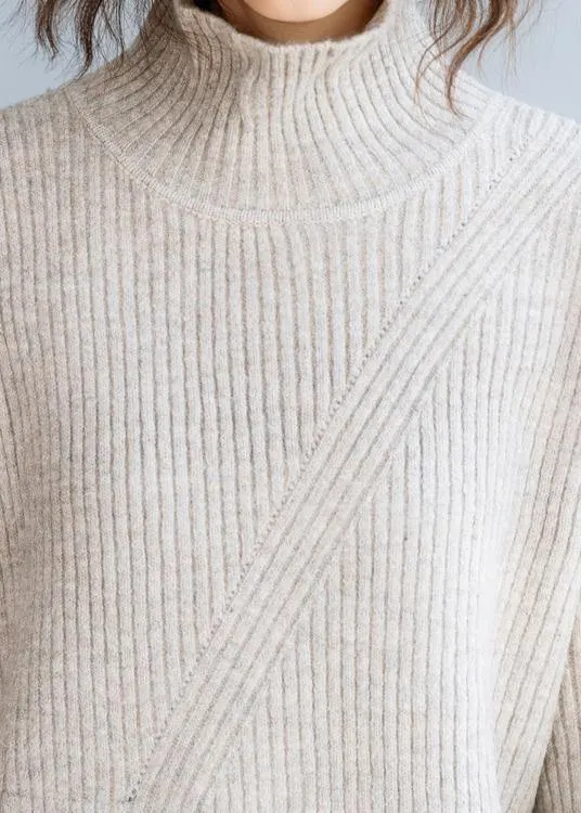 For Spring beige knitted top plus size high neck knit wear front open