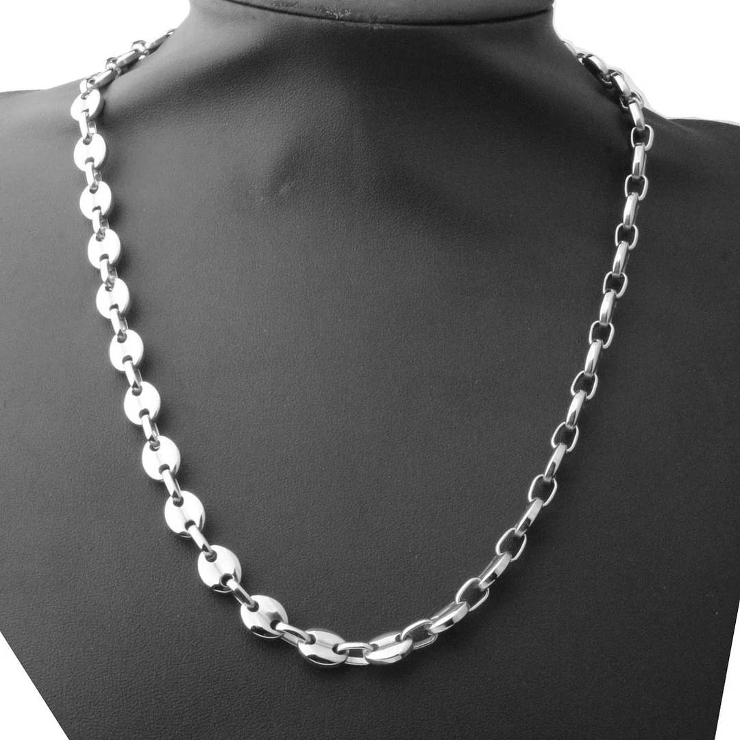7mm/9mm/11mm Coffee Beans Link Chain Necklace Sliver Plated Titanium Stainless Steel Twisted Rope Chain for Men Women Hip Hop Rapper's Necklace