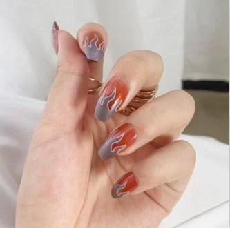 24pcs/Set Punk Fake Nails Short Design Fire Pattern False Nails Girls Finished Full Nail Decal Beauty Artificial Nail Art Tips-Nail Inspo