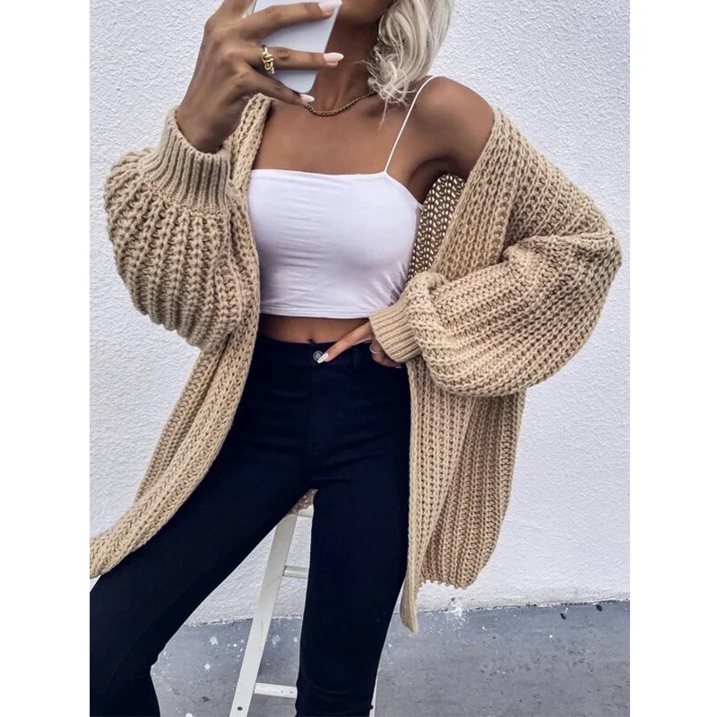 Brownm Brownm And Winter New Fashion Knitting Temperament Commuter Black Cardigan Pure Color Long Sleeve Coat Sweater Women's Clothing