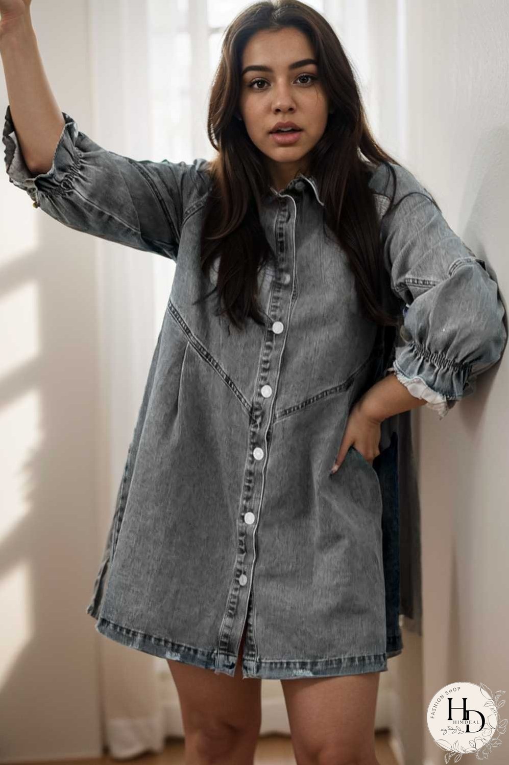 down loose short sleeve denim jean dress drop shoulder a line paneled peasant closed bateau v neck dress