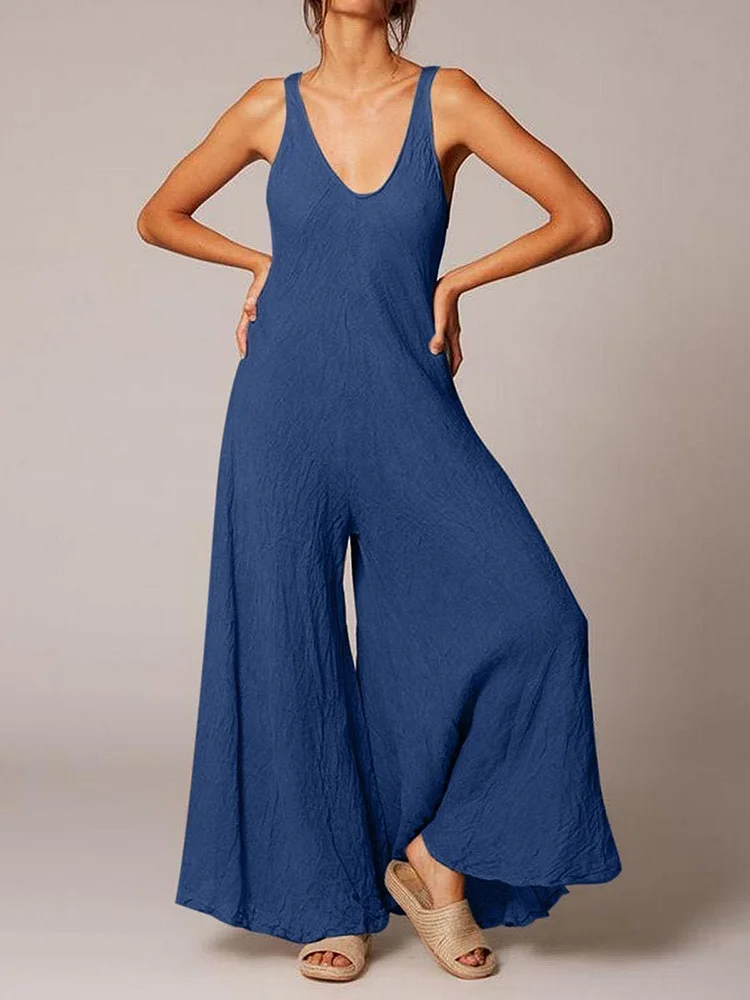 Plus Solid Casual U-neck Women Sleeveless Jumpsuits Size