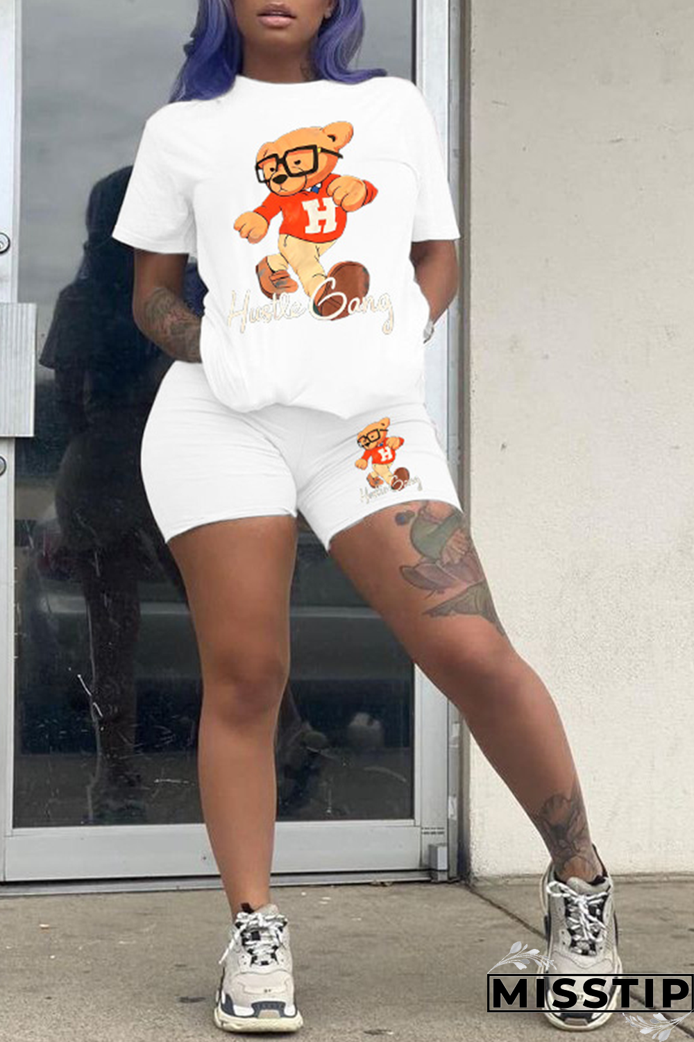 White Casual Print Patchwork O Neck Short Sleeve Two Pieces