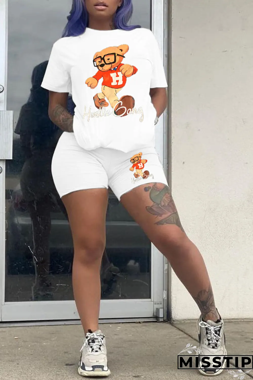 White Casual Print Patchwork O Neck Short Sleeve Two Pieces