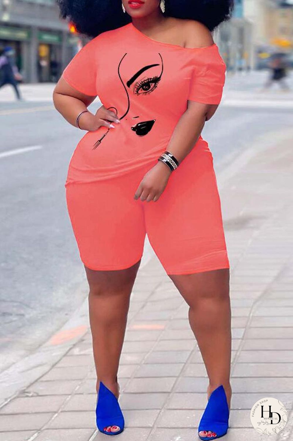 Rose Red Casual Print Basic Oblique Collar Short Sleeve Two Pieces