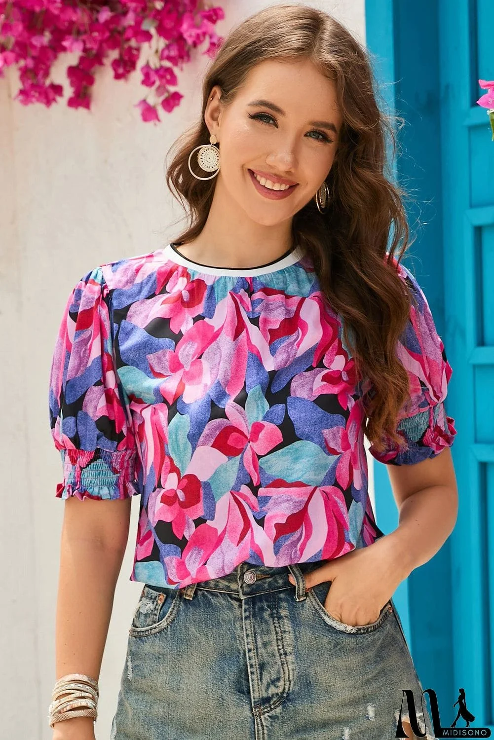 MidiSono - Floral Round Neck Puff Sleeve Top