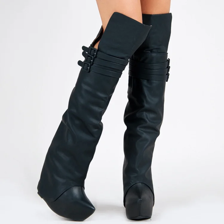 Custom Made Wedge Heel Knee Booots in Black |FSJ Shoes