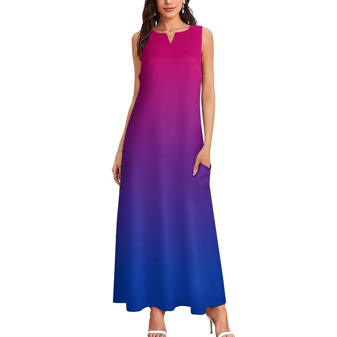 Bisexual Flag Gradient Womens Plus Size Long Boho Dresses Loose V Neck Sleeveless Maxi Dress with Pockets