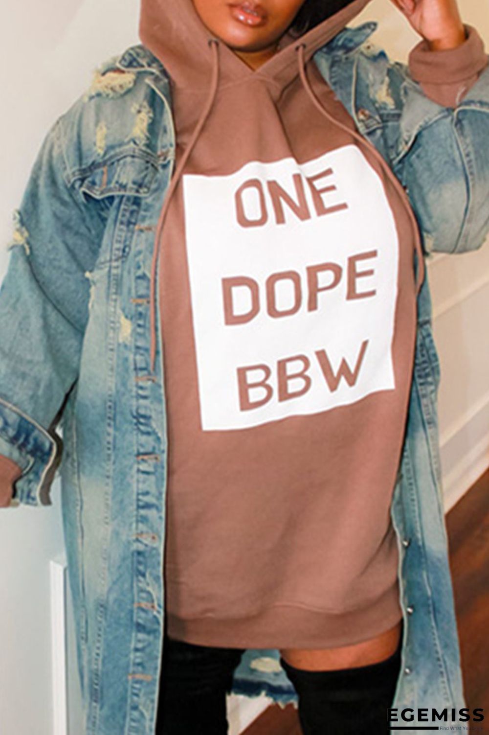 Coffee Fashion Casual Letter Print Basic Hooded Collar Long Sleeve Plus Size Dress | EGEMISS