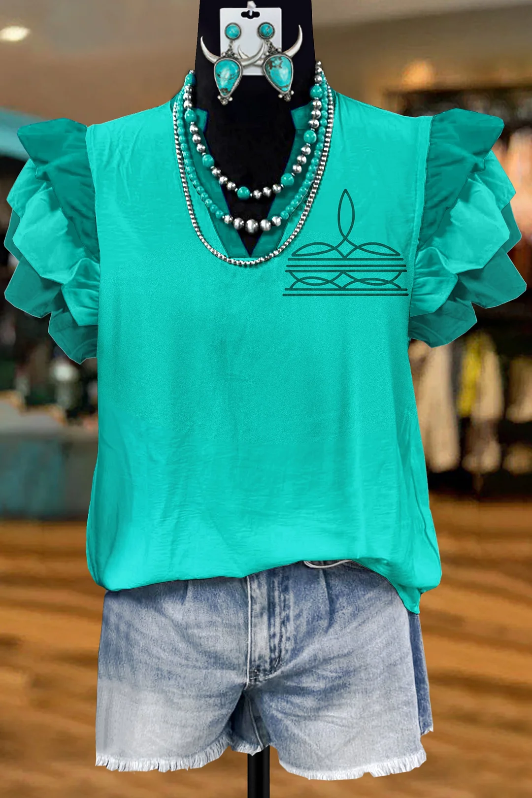 Western Boot Stitch Print V-Neck Flying Sleeves Blouse