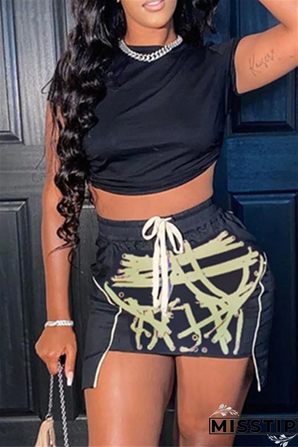 Green Fashion Sexy Print Asymmetrical O Neck Short Sleeve Two Pieces