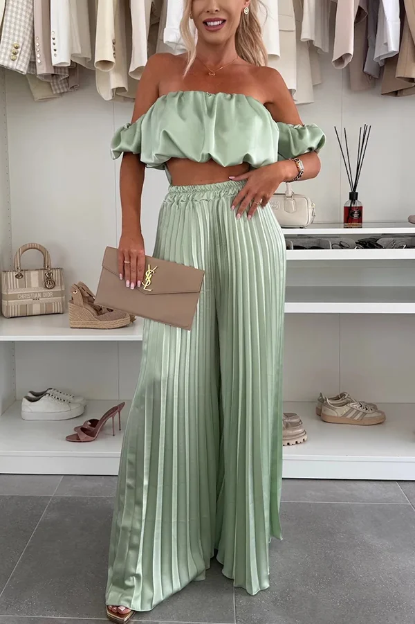 Jorie Satin Off Shoulder Puff Sleeve Crop Top and Elastic Waist Pleated Wide Leg Pants Set