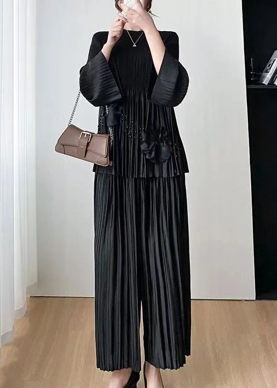 Boutique Black O Neck Nail Bead Wrinkled Loose Silk Two Pieces Set Spring