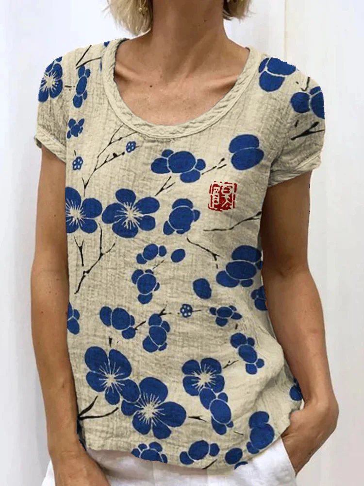 Cherry Blossom Japanese Lino Art Linen Blend Top