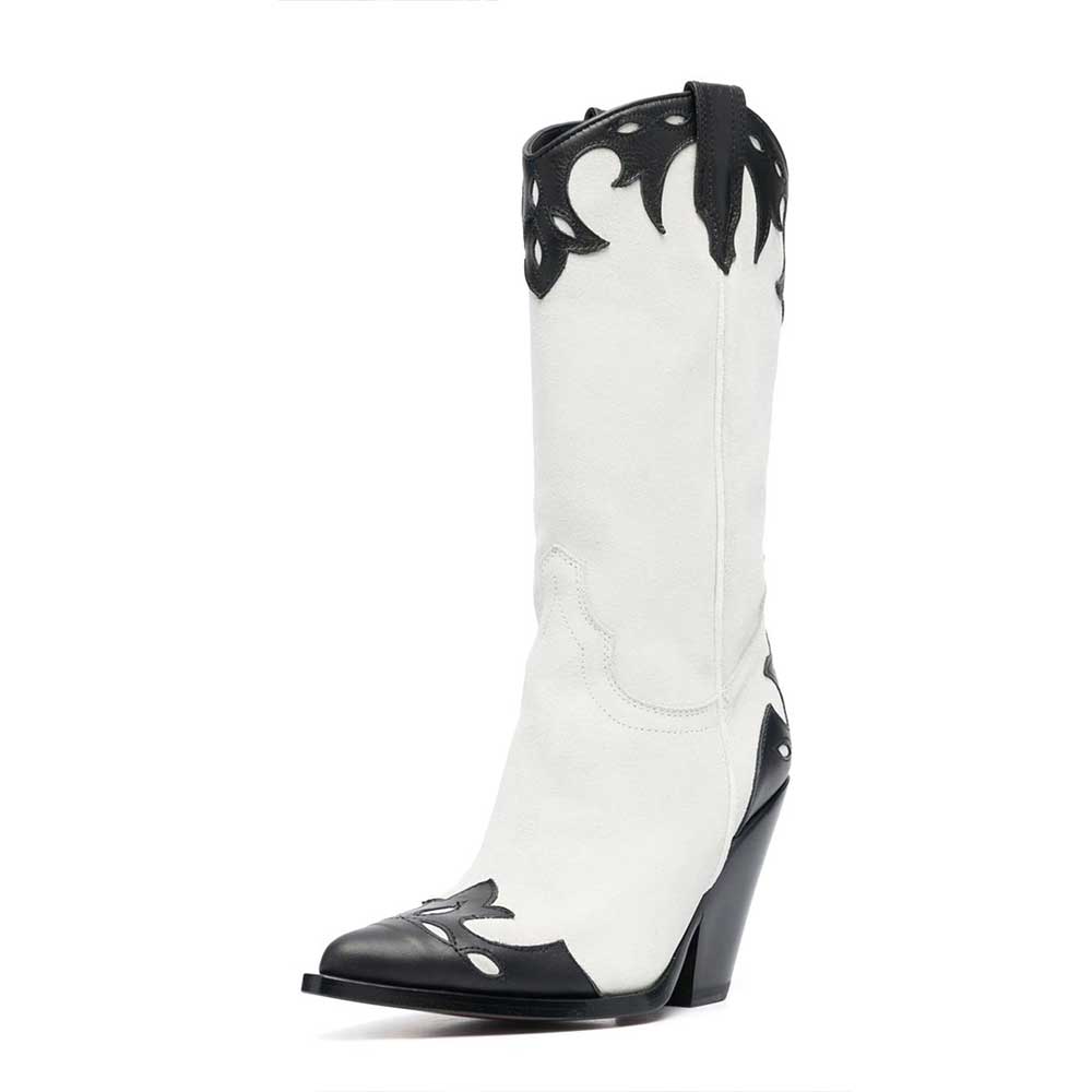 Black and White Vegan Leather Pointed Toe Patchwork Cowgirl Boots Nicepairs