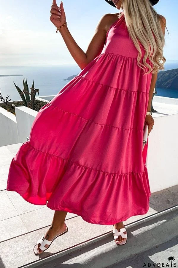 Bohemian Halterneck Solid Midi Dress