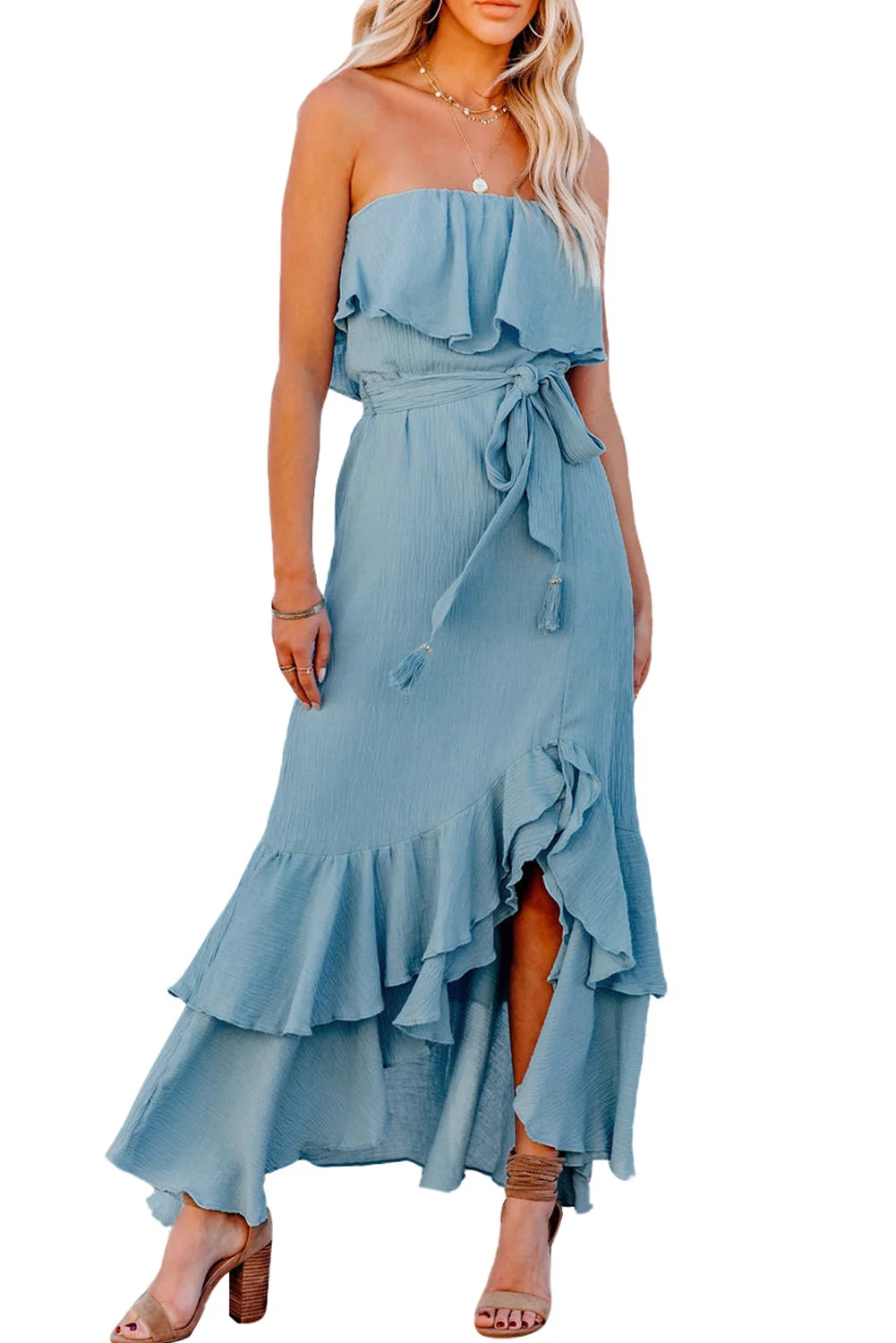 Women Sky Blue Off Shoulder Ruffled High Low Drawstring High Waist Maxi Dress