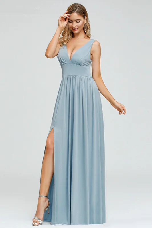 Blue V-Neck Sleeveless Prom Dress Long Evening Party Gowns With Slit