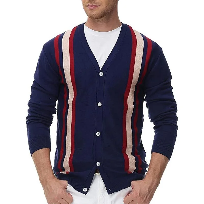 Aonga Covrlge Men's Spring Autumn Knitwear New V-Neck Long Sleeve Cardigan POLO Shirt For Men Striped Patchwork Polo Shirt Male MZS007