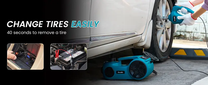 Product Introduction of SEESII 4-in-1 Electric Car Jack Set. 5-Ton Car Lift Kit for SUV/Truck Tires. Electric Impact Wrench / Tire Inflator. Change Tires in Minutes. CarHacks. DIYTools. dealsforyoudays 13