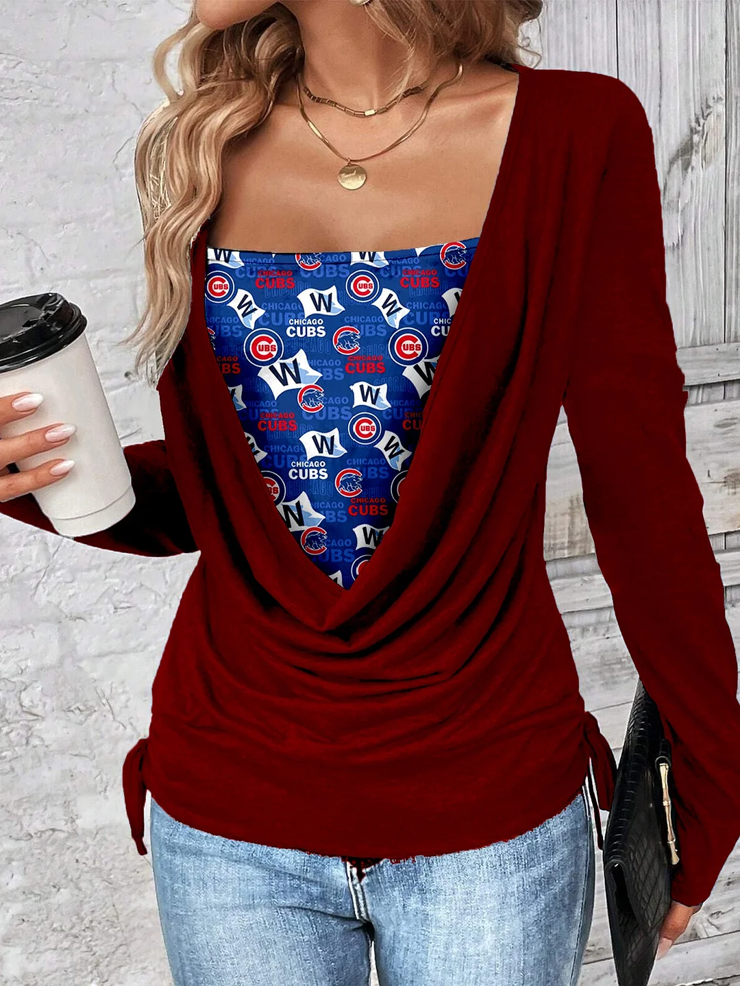 Contrast draped side drawstring T-shirt
