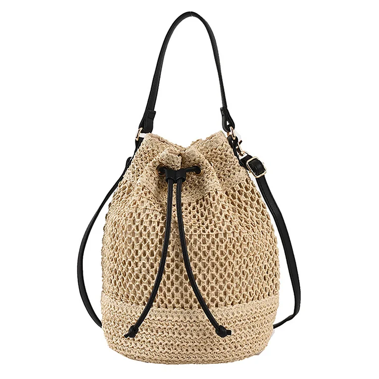 Summer Straw Bucket Bag Drawstring Fashion Shoulder Bag Elegant for Vacation-Annaletters