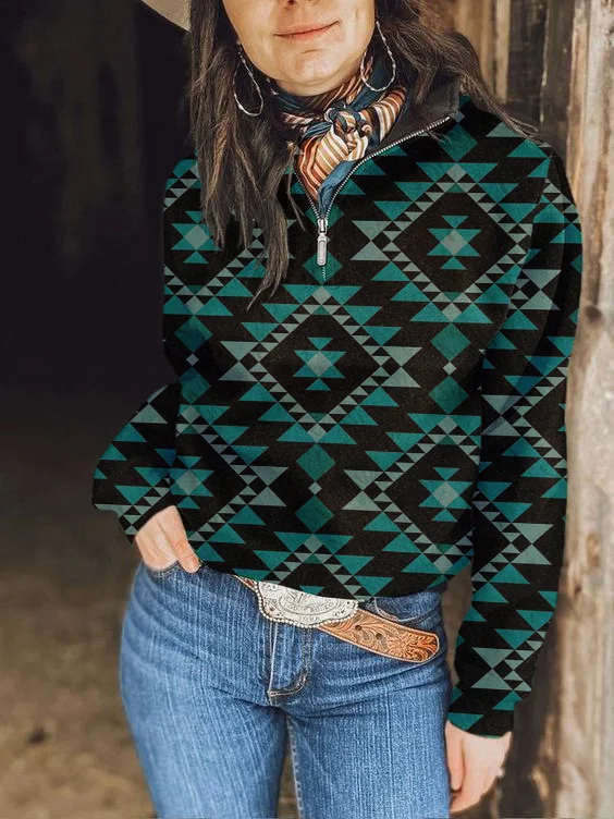 Women's Vintage Green Ethnic Aztec Print Zip Long Sleeve Sweatshirt