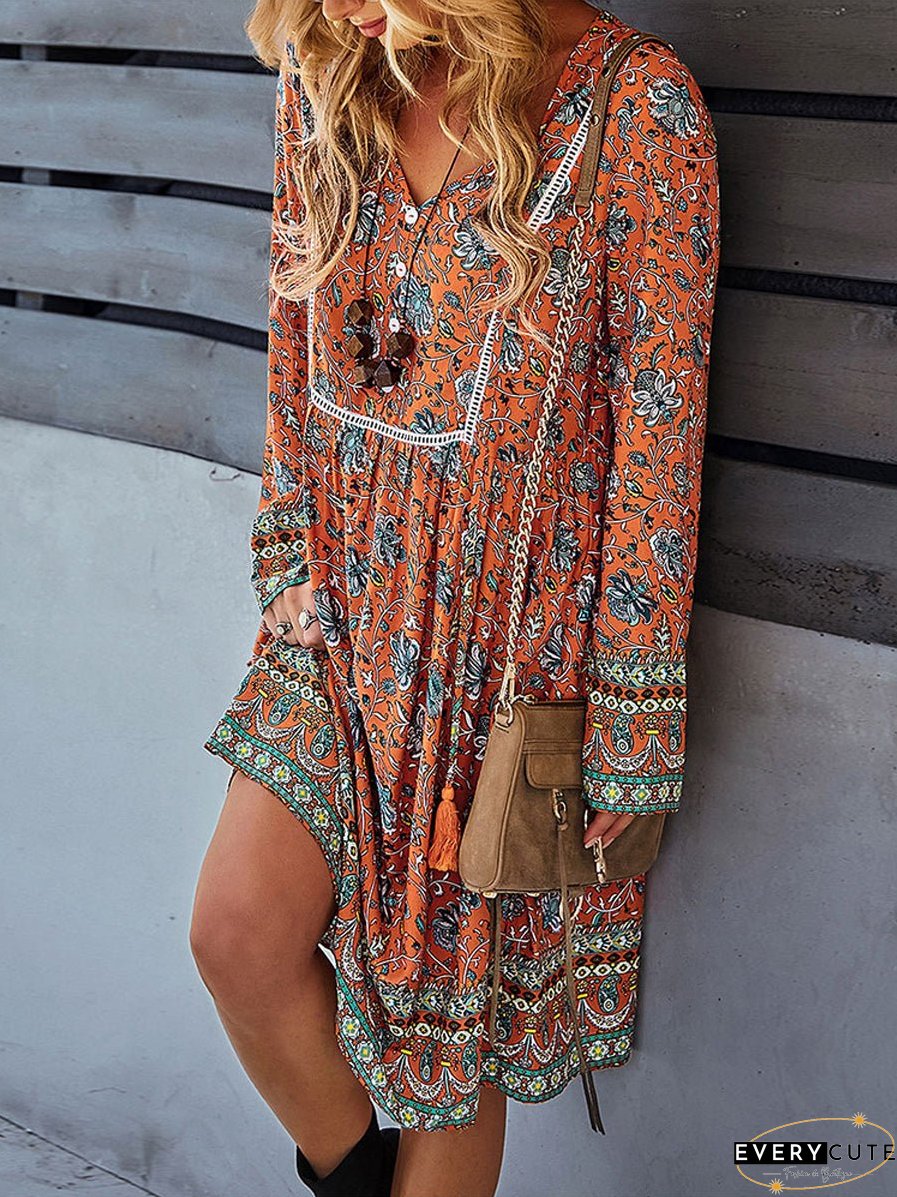 Boho Chic V-Neck Knee-Length Midi Dress