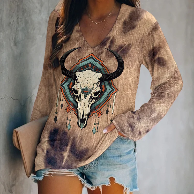 Comstylish Aboriginal Sheep Head Tie-Dye V-Neck Long-Sleeved T-Shirt