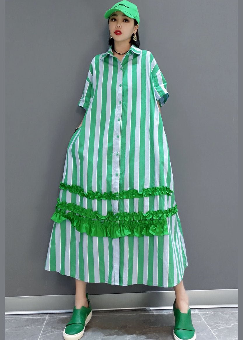 Natural Green button Ruffled Striped long Dress Spring CK2656- Fabulory